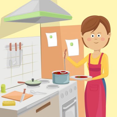 Ev kadını mutfakta sebze çorbası hizmet