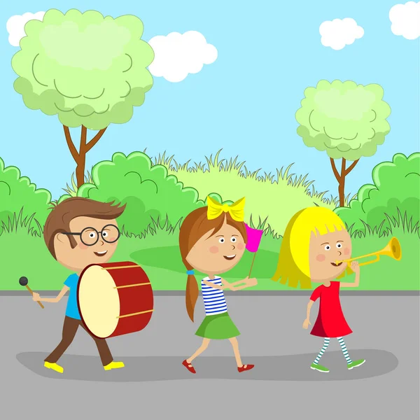 子供の道に行くし、ドラムやトランペットなどの楽器を演奏 — ストックベクタ