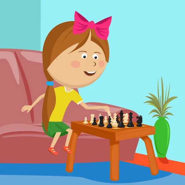 Niña jugando al ajedrez sentada en el sofá en la habitación — Archivo Imágenes Vectoriales