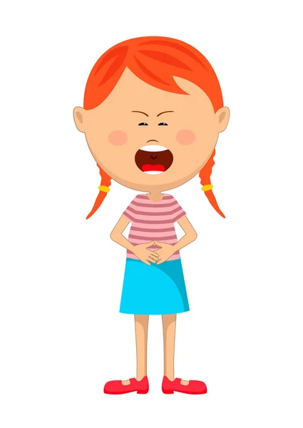 Χαριτωμένα μικρά κόκκινα μαλλιά κορίτσι με έντονο πόνο στο στομάχι ή ναυτία κλάμα — Διανυσματικό Αρχείο