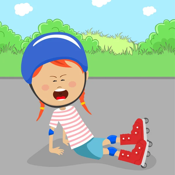 Little girl on rollers in protective gear fell off on road crying — Stock Vector