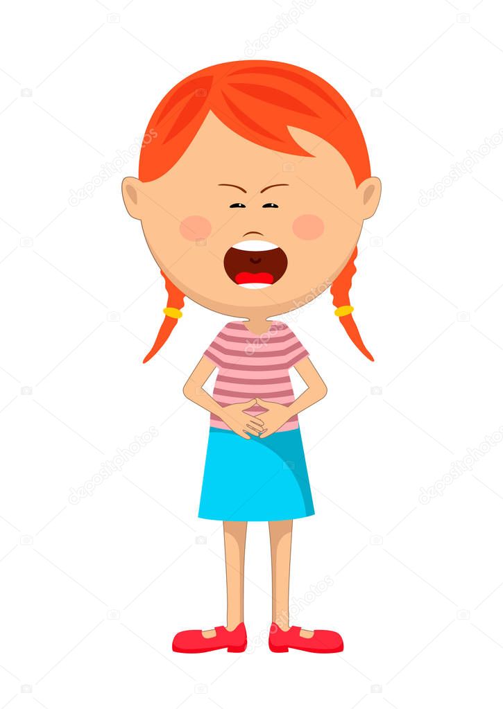 Cute young red haired girl with severe stomach ache or nausea crying