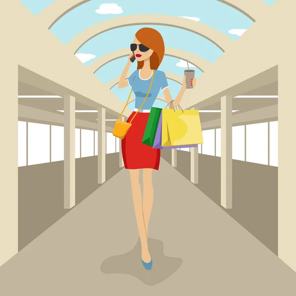 Fashion woman walking with shopping bags talking on the phone in shopping mall — Stock Vector