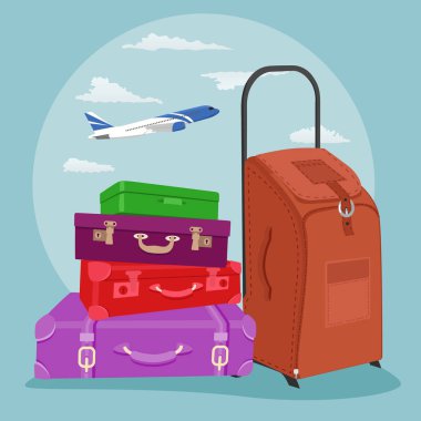 Yığın üzerinde gökyüzünde uçak Bagaj bavul ile seyahat