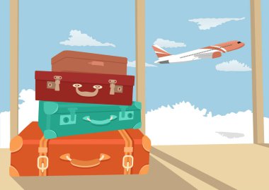 Stack of traveling luggage in airport terminal and passenger plane flying over sky clipart
