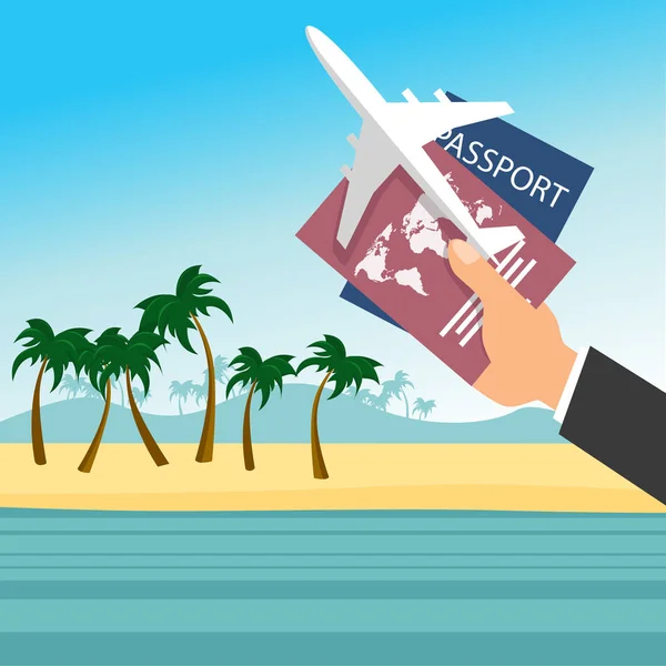 Businessmans ręki trzymającej paszport z samolotu na tropikalnej plaży. Koncepcja podróży lot — Wektor stockowy