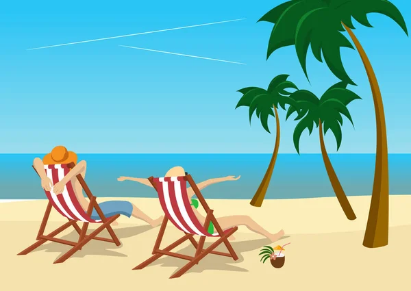 A trópusi üdülőhely strandján napozóágyak ül pár — Stock Vector