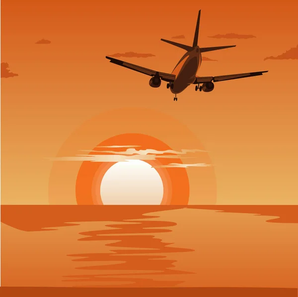 Εμπορικό αεροπλάνο πετώντας πάνω από την τροπική θάλασσα στο ηλιοβασίλεμα — Διανυσματικό Αρχείο