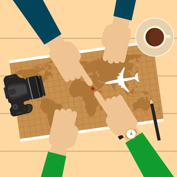 Two men planning vacation trip with map. Camera, airplane model, cup of coffee, pen on table — Stock Vector