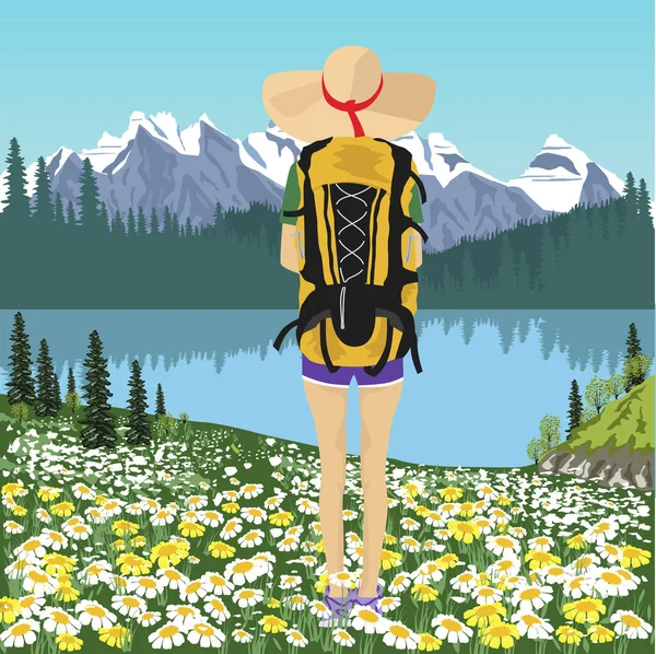 Vue arrière du voyageur femme regardant le lac de montagne en été — Image vectorielle