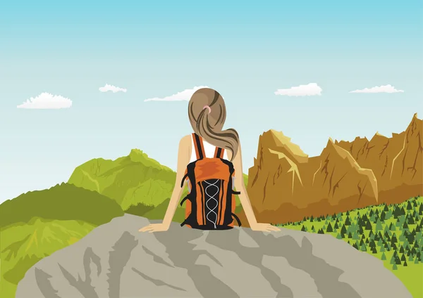 Woman traveler sitting on rocks looking at mountains — Stock Vector