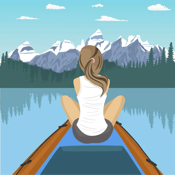 Mujer viajero flotando en barco en el lago de montaña — Vector de stock