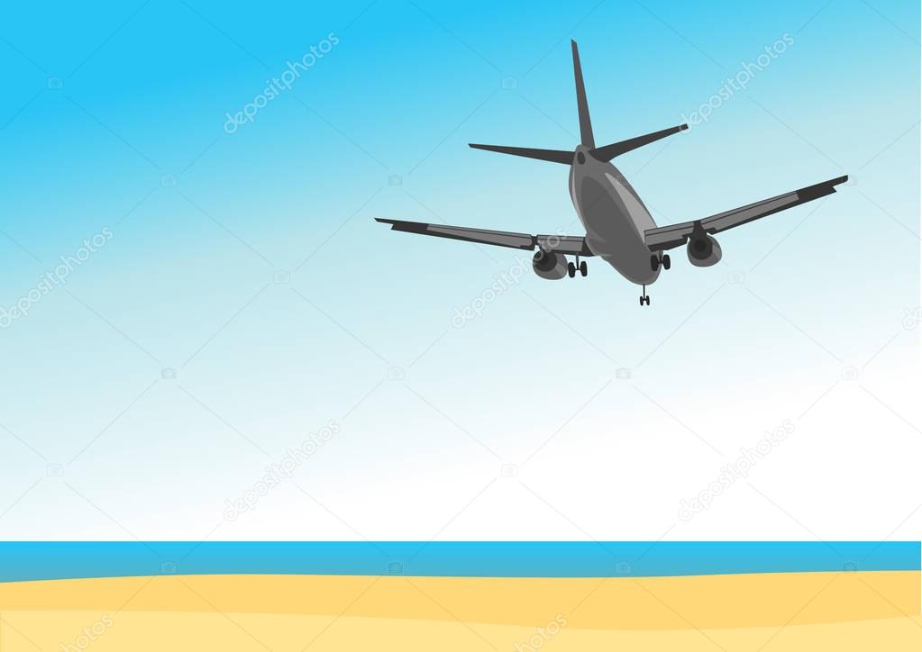 Commercial airplane flying above tropical sea