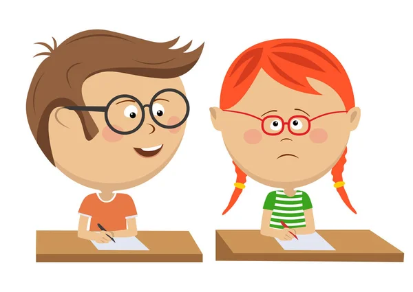Little boy copying his classmate girl on exam — Stock Vector