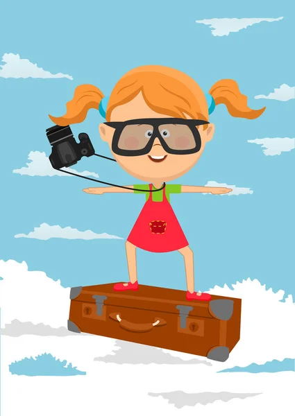 Söt liten flicka som flyger på resväska på bakgrund av blå himmel — Stock vektor
