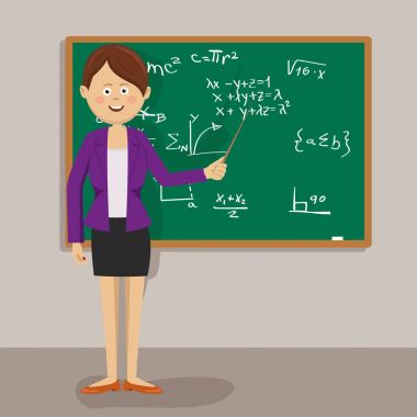 Kadın öğretmen işaretçisinin blackboard sınıfta yanında ayakta