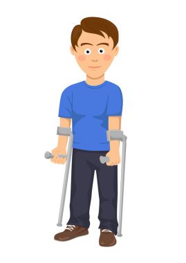 Koltuk değneği ile ayakta genç adam