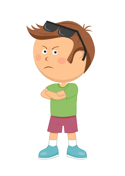 Unhappy dissatisfied little boy with arms folded standing — Stock Vector