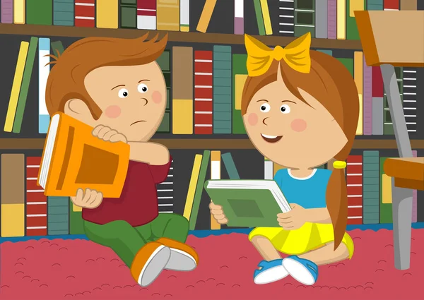 Μικρό κορίτσι θέλει να ανταλλάξουν βιβλία αλλά το αγόρι είναι ενάντια να κάθονται στο πάτωμα στη βιβλιοθήκη — Διανυσματικό Αρχείο