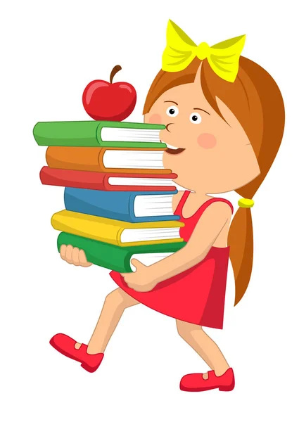 Cute primary schoolgirl carrying stack books with red apple — Stock Vector