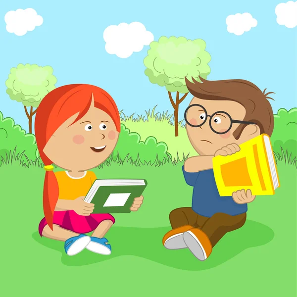 少女は本を交換したいが、少年は草原の上に座ってそれに対して — ストックベクタ