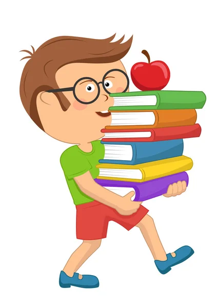 Милый младший школьник с книжками с красным яблоком. — стоковый вектор
