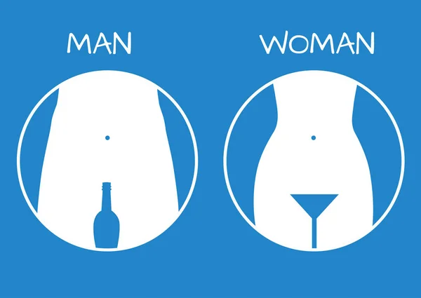 Panneau de toilette homme et femme, icône de toilettes, blanc sur bleu — Image vectorielle