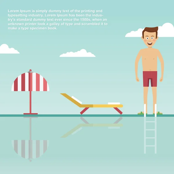 Junger Mann ist bereit, in modernes Schwimmbad mit Liegestuhl und Sonnenschirm zu springen — Stockvektor