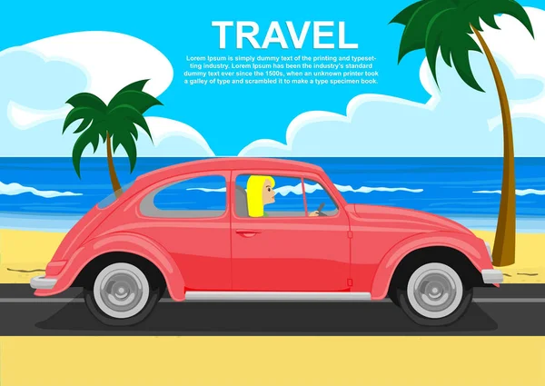 Junge Blondine fährt Retro-Auto an der Küste entlang — Stockvektor