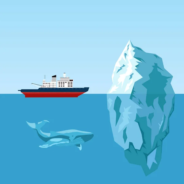 디젤 간지 배, 빙산 그리고 고래입니다. 평면 스타일 일러스트 — 스톡 벡터