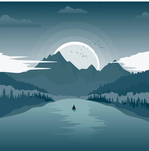 Hermoso paisaje con lago de montaña y barco de pesca al amanecer — Vector de stock