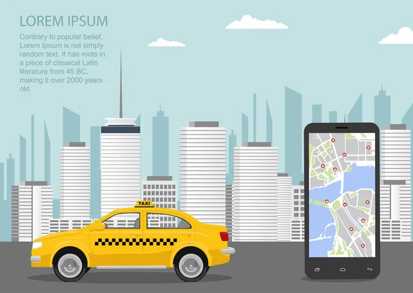 Urban cityscape com táxi táxi, smartphone e aplicação de serviço de táxi. Ilustração vetorial em estilo plano —  Vetores de Stock