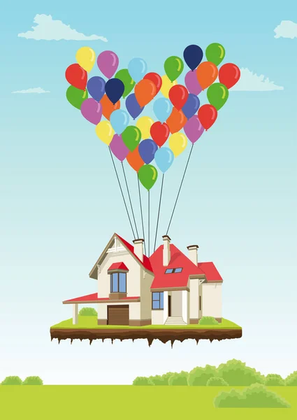 Casa com balões multicoloridos em forma de coração voando no céu sobre o solo — Vetor de Stock