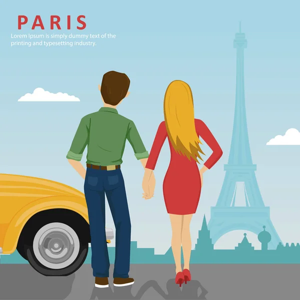 Pareja joven cogida de la mano junto al coche amarillo mirando la Torre Eiffel en París — Vector de stock