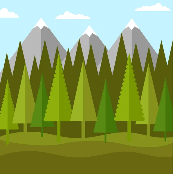 Paisaje plano de bosque de coníferas y montañas — Vector de stock