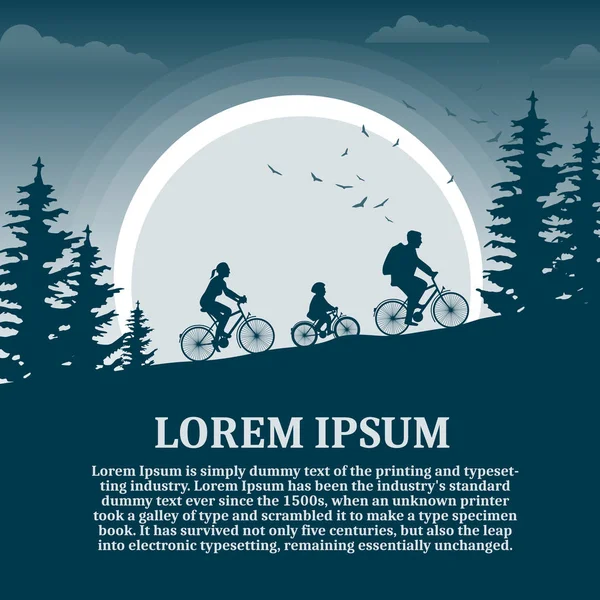 चंद्रमा की पृष्ठभूमि पर गति में रात में तीन साइकिल चालन का परिवार, सिल्हूट डिजाइन — स्टॉक वेक्टर