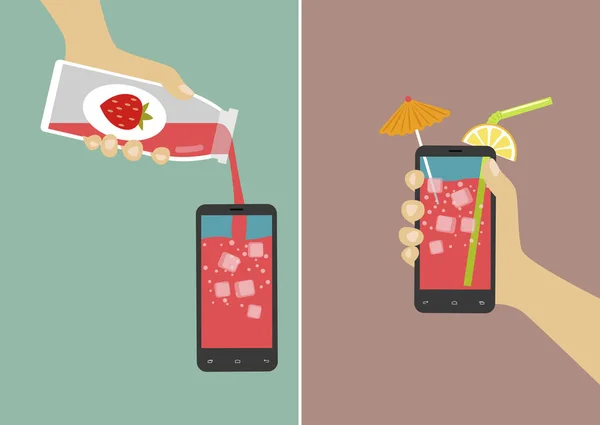 Hand häller saft i smartphone och håller den med isbitar, paraply och stick. Flat vektorillustration — Stock vektor