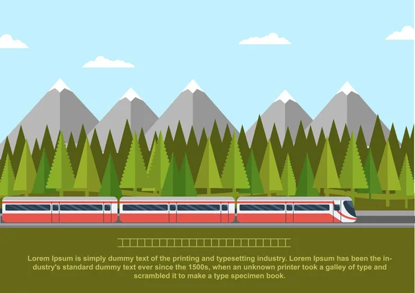 Comboio em estrada de ferro com floresta de coníferas e montanhas. Ilustração vetorial de estilo plano — Vetor de Stock