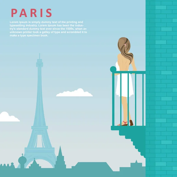 Молода жінка стоїть на балконі, дивлячись на Ейфелеву вежу в Парижі — стоковий вектор
