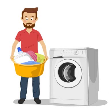 Mutsuz genç adam kirli giysileri ile dolu Havzası ile çamaşır makinesi yanında ayakta
