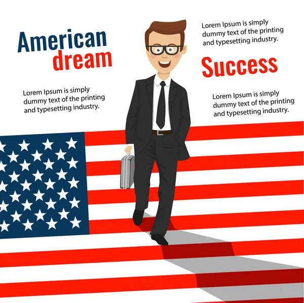 Successful young businessman with briefcase goes down the stairs in the form of usa flag — Stock Vector