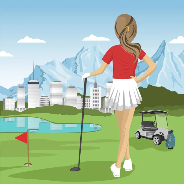Młody zawodnik dziewczyna stojąc z klub golfowy — Wektor stockowy