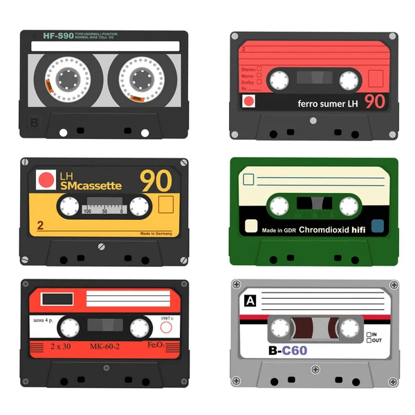 Conjunto de casetes de audio retro. Cinta y audio, música y sonido, medios de comunicación y grabación — Vector de stock