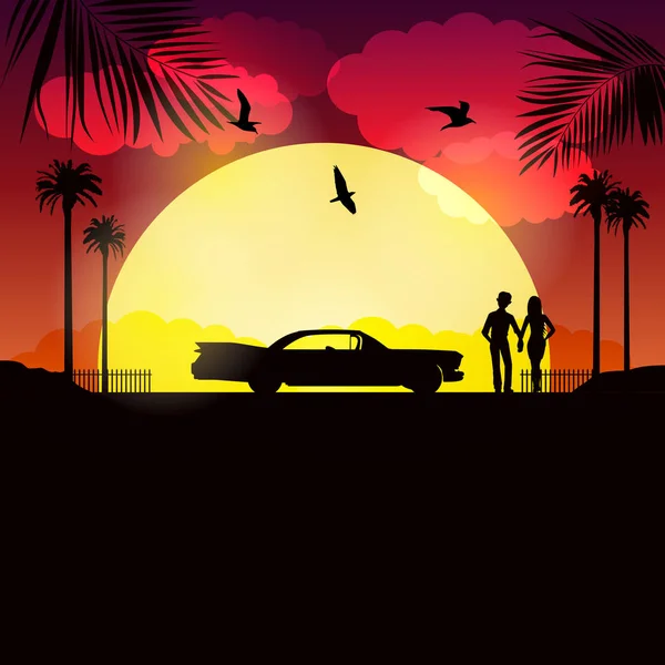 Γάμος sunny ζευγάρι στην Κούβα κοντά στη θάλασσα και το αυτοκίνητό τους στο βράδυ — Διανυσματικό Αρχείο