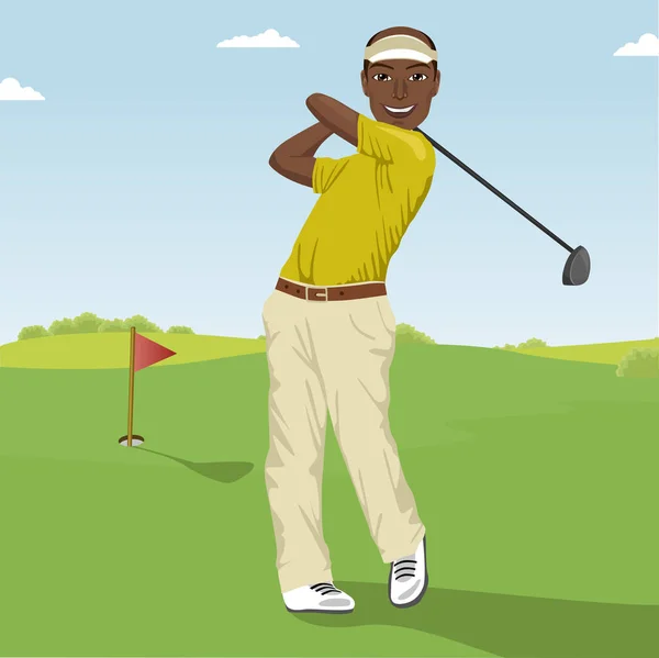 Jugador de golf afroamericano golpeando la pelota. Golf masculino profesional en el campo de golf . — Vector de stock