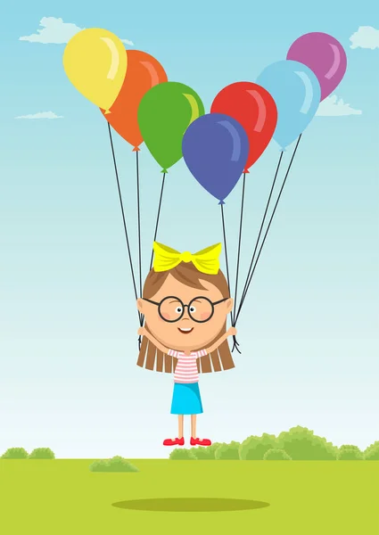 Liten flicka med glasögon flying med mångfärgade ballonger på ängen — Stock vektor