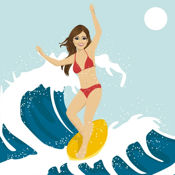 Beautiful young woman surfing on ocean waves. Blue ocean water crashing with splashes and drops