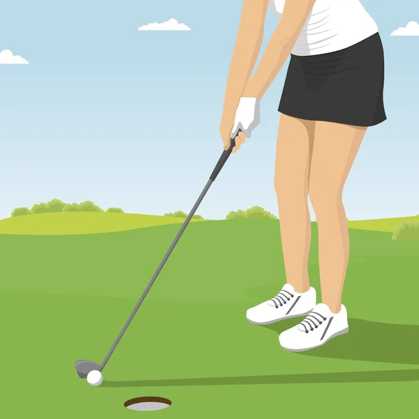 Primer plano de la dama golfista poniendo. Campo de golf resort escenas de jugadores y hoyos — Archivo Imágenes Vectoriales