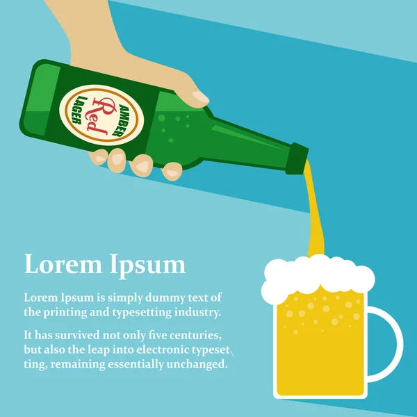 Tangan memegang botol menuangkan bir ke cangkir dengan copyspace untuk teks, desain datar - Stok Vektor