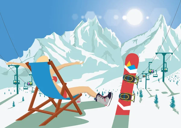 Female snowboarder in bikini sitting in deck chair relaxing in mountain ski resort. Bright sun and ski chair lift — Stock Vector